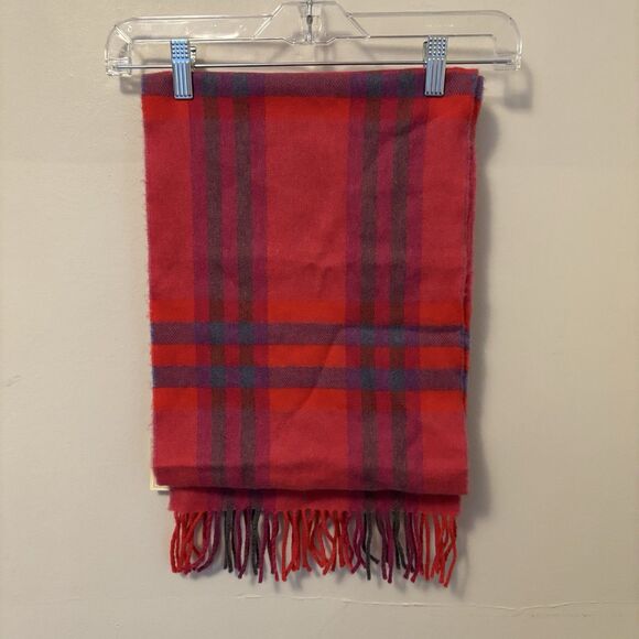 John Hanly & Co Tartan Plaid Fringe Scarf Pink 100% Merino Wool Ireland - Picture 2 of 4